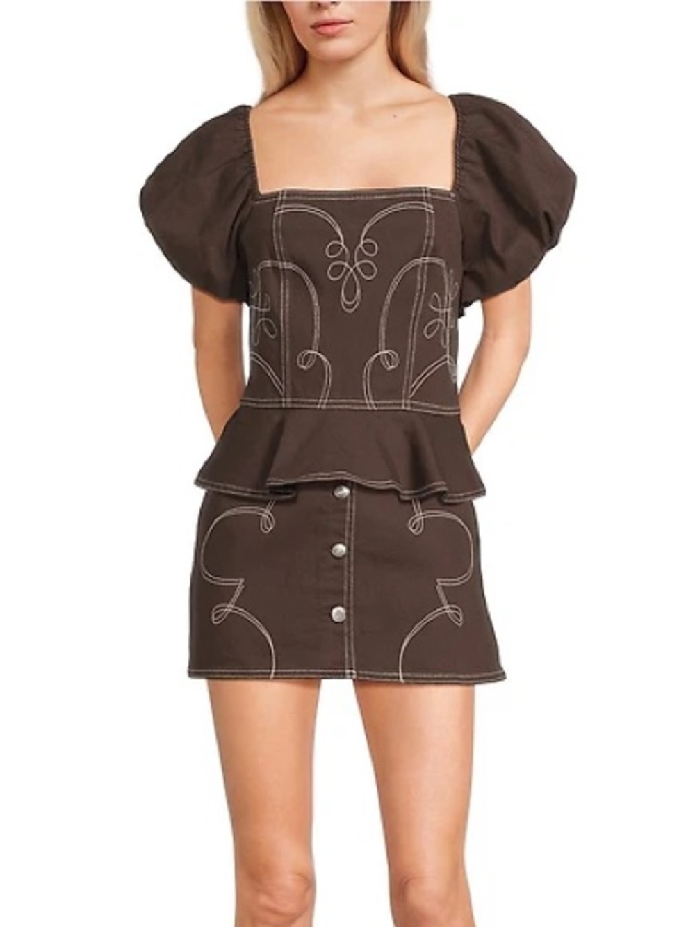 Gianni Bini Brown Peplum Mini Shirt with Puff Sleeves Size Medium